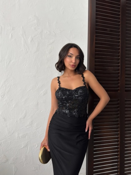 Rochie eleganta lunga cu broderie florală și paiete - Img 6
