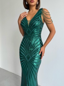 Rochie eleganta lunga cu paiete si lantisoare pe umeri - Img 1