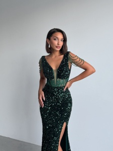 Rochie eleganta lunga cu paiete si lantisoare pe umeri - Img 5