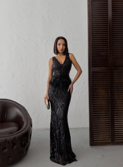 Rochie eleganta lunga cu paiete si pene - Img 4