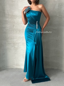 Rochie eleganta lunga din satin cu accesoriu pampon - Img 5