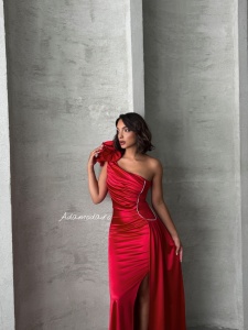Rochie eleganta lunga din satin cu accesoriu pampon - Img 4