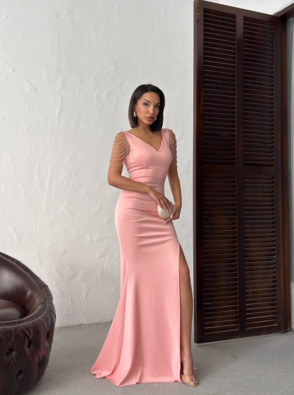 Rochie eleganta lunga tip sirena accesorizata cu lantisoare - Img 5