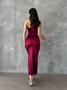 Rochie eleganta midi cu umarul gol accesorizata cu pampon - Img 2