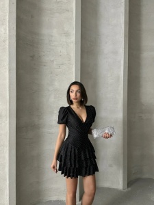 Rochie eleganta scurta din lycra cu volane si strasuri - Img 2
