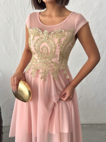 Rochie eleganta scurtă din tull cu insertii aurii - Img 1