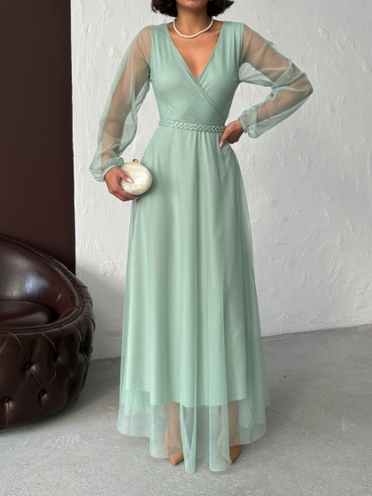 Rochie lunga din tull cu accesoriu in talie - Img 3