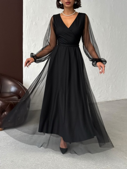 Rochie lunga din tull cu accesoriu in talie