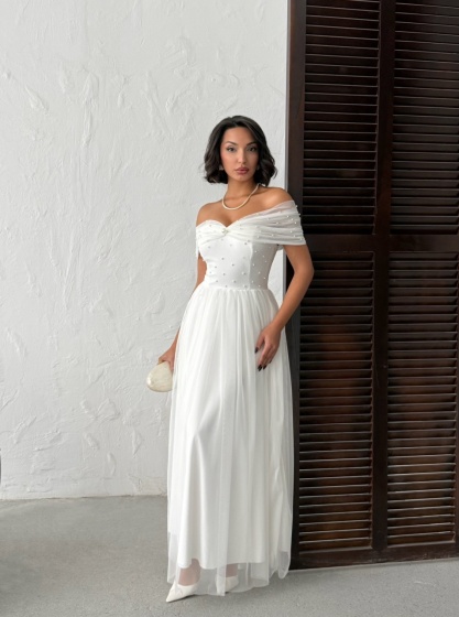 Rochie lunga din tull cu detalii perle - Img 5