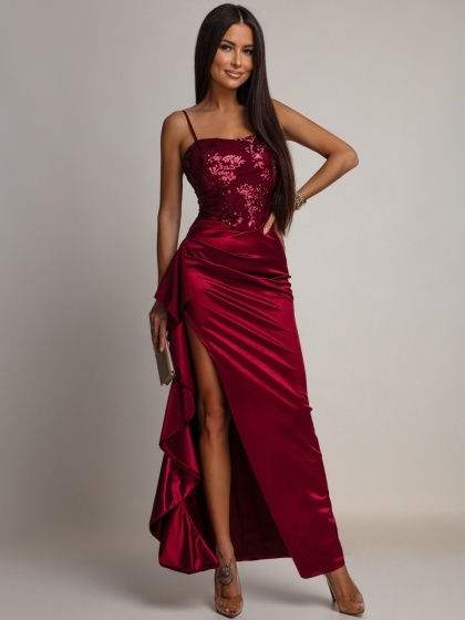 Rochie lunga eleganta din satin cu bust brodat si paiete