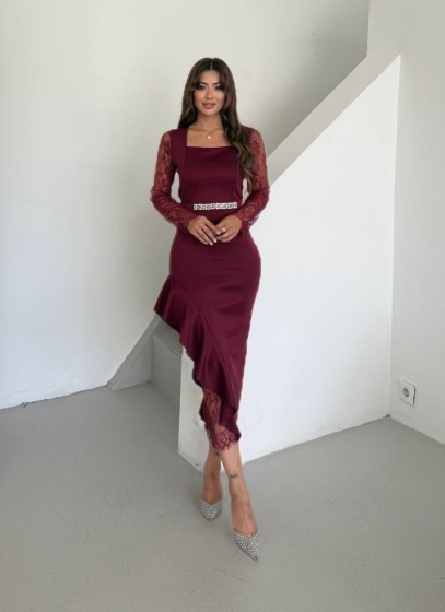 Rochie midi eleganta cu dantelă și detalii volan - Img 4