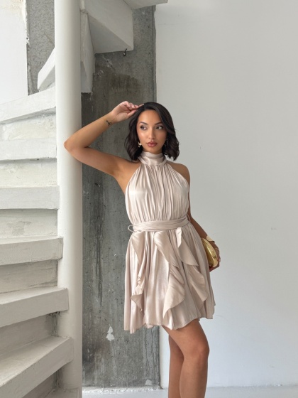 Rochie scurtă elegantă din satin cu falduri - Img 2