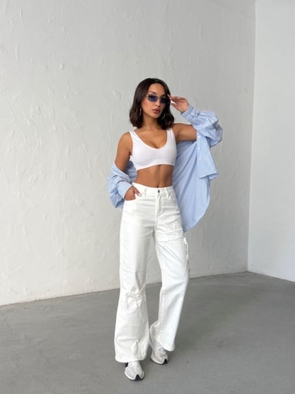 Blugi albi evazati elastici - Img 6