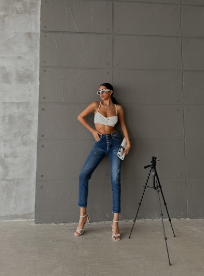 Blugi dama mom fit elastici cu nasturi - Img 2