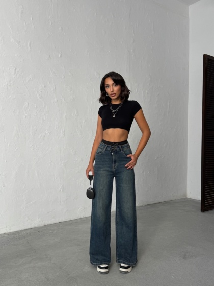 Blugi evazati cu talie elastică cu șiret - Img 5