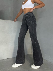 Blugi evazati elastici accesorizati cu strasuri si tiv lat - Img 3