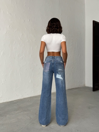 Blugi evazati elastici cu rupturi la spate si strasuri - Img 7