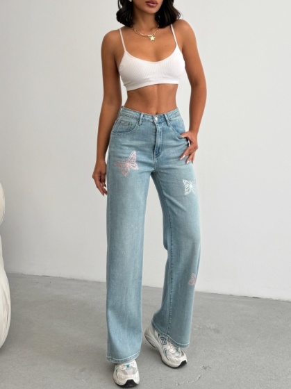 Blugi evazati elastici strasuri si design fluturi - Img 1