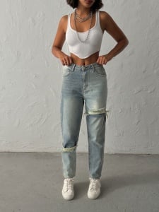 Blugi mom fit cu taietura asimetrica - Img 3