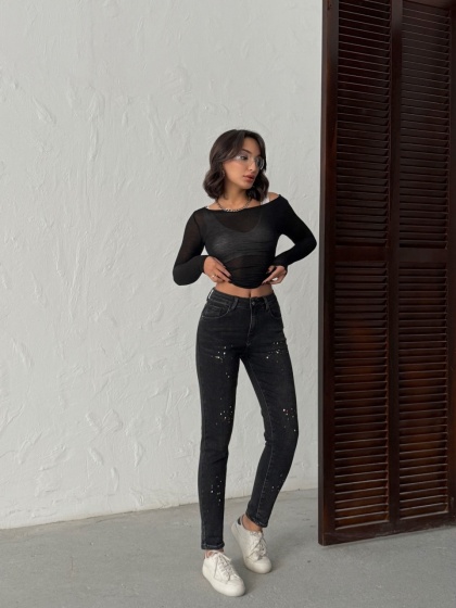 Blugi mom fit elastici cu stropi de vopsea - Img 7