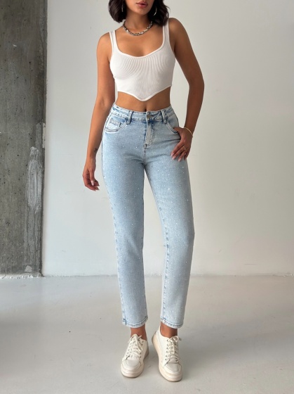 Blugi skinny elastici cu aplicatii din strasuri