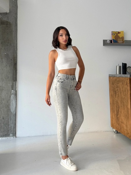 Blugi skinny elastici cu aplicatii din strasuri - Img 7