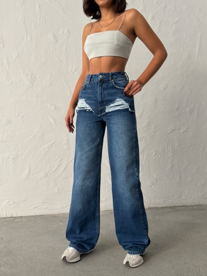 Blugi wide leg cu abraziuni în față - Img 6