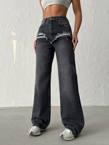 Blugi wide leg cu abraziuni în față - Img 5