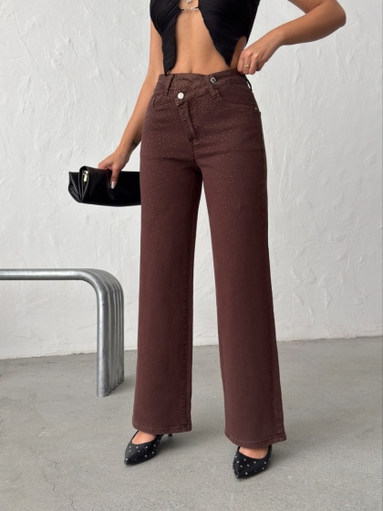 Blugi wide leg cu aplicatii din strasuri si talie asimetrica - Img 3