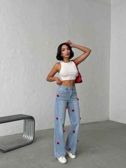 Blugi wide leg cu aplicatii florale rosii - Img 5