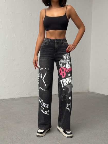 Blugi wide leg cu design animat - Img 3