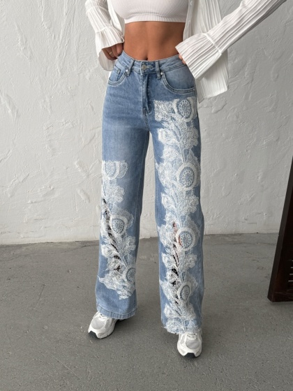 Blugi wide leg cu design din dantela - Img 4