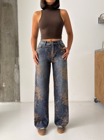 Blugi wide leg cu imprimeu floral maro și detalii strălucitoare - Img 5