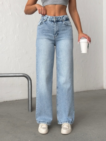 Blugi wide leg cu inserții roz - Img 5