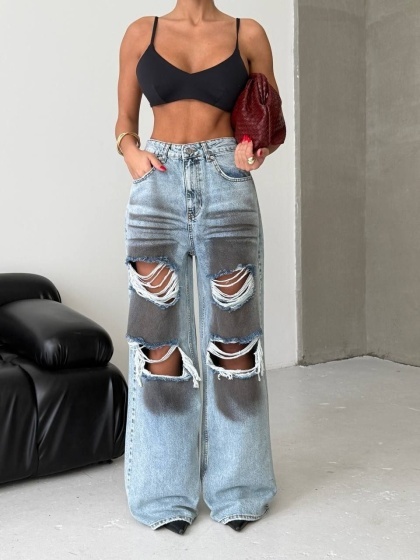 Blugi wide leg cu multiple rupturi