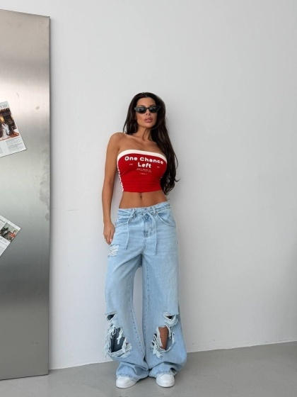 Blugi wide leg cu siret si design rupt - Img 2
