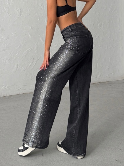 Blugi wide leg cu strasuri pe lateral