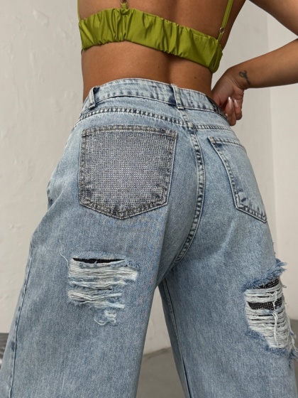 Blugi wide-leg din denim cu detalii ripped