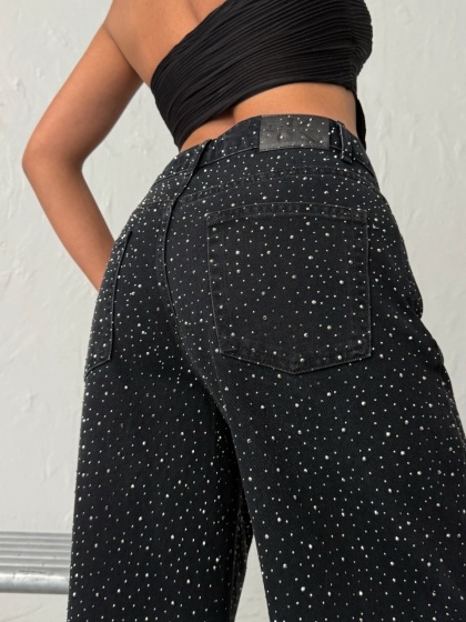 Blugi wide leg din denim cu detalii strălucitoare - Img 4