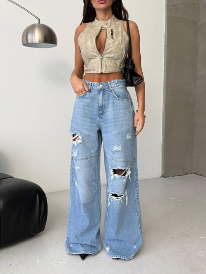 Blugi wide-leg din denim cu rupturi