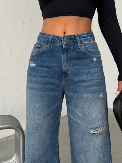 Blugi wide leg din denim cu rupturi - Img 7