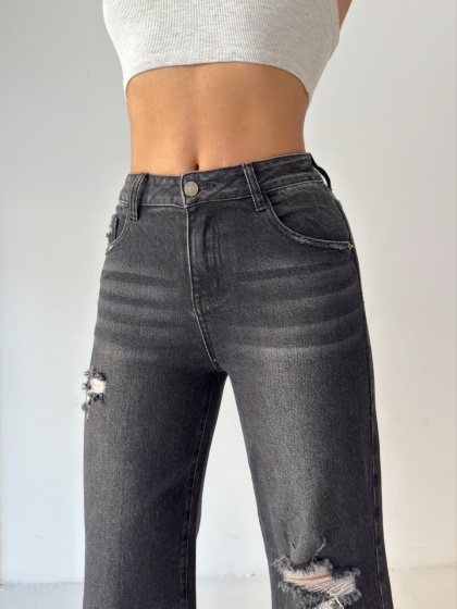 Blugi wide leg usor elastici cu detaliI rupturi  - Img 4