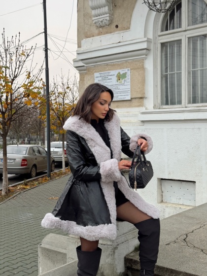 Geaca lunga din imitatie de piele cu blana artificiala - Img 5