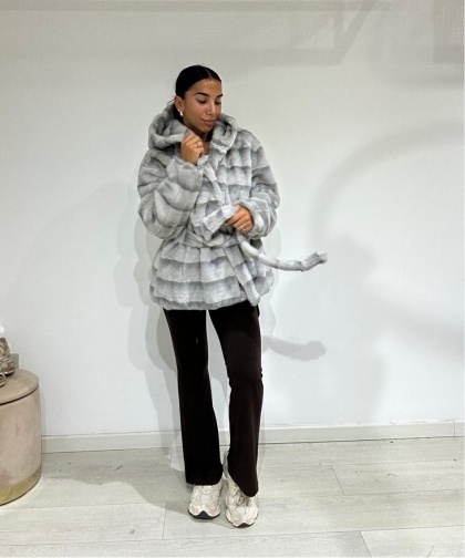 Palton scurt din blana artificiala cu cordon - Img 2