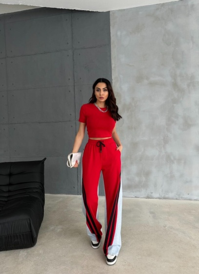 Pantaloni evazati cu denim si material textil - Img 4