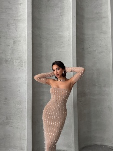 Rochie eleganta din tul cu maneci detasabile accesorizata cu perle si strasuri - Img 6