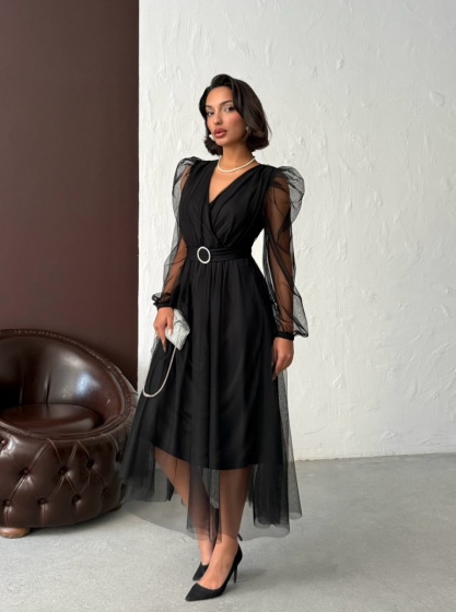 Rochie eleganta lunga cu accesoriu in talie din tull - Img 6