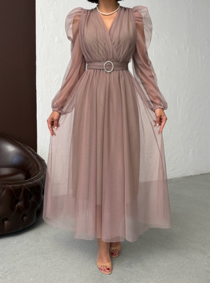Rochie eleganta lunga cu accesoriu in talie din tull - Img 2