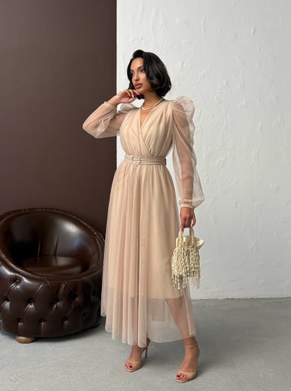 Rochie eleganta lunga cu accesoriu in talie din tull - Img 6