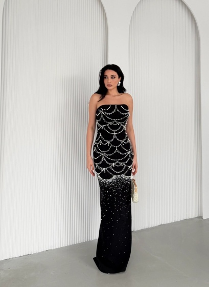 Rochie eleganta lunga cu detalii strasuri si perle - Img 2